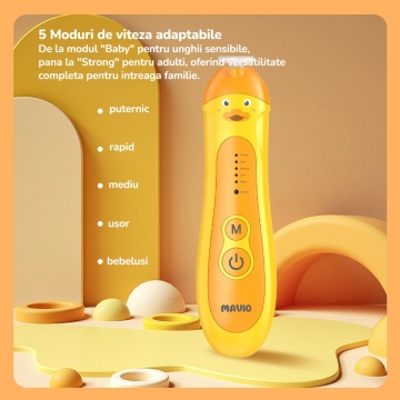 Resigilat - Pila Electrica de Unghii pentru Bebelusi si Copii Mavio®, Model Ratusca, 5 Viteze, Motor Silentios, Lumina LED, 6 Capete Interschimbabile, Cablu Type-C Inclus, Galben - Img 4