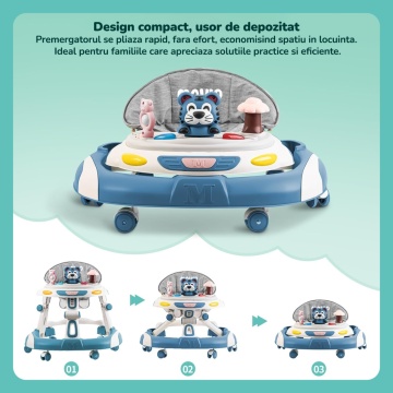 Resigilat - Premergator Copii 2 in 1 Mavio®, Model EasyRide, Rotobil pentru Bebelusi, Mod Antemergator, Varsta Recomandata 6-36 Luni, Maner, Pliabil, Inaltime Ajustabila, Jucarii Interactive, Anti Cadere, Roti 360 Grade, Masuta Mancare, Sunete, Albastru - Img 2