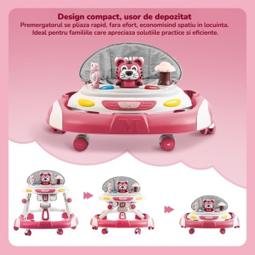 Resigilat - Premergator Copii 2 in 1 Mavio®, Model EasyRide, Rotobil pentru Bebelusi, Mod Antemergator, Varsta Recomandata 6-36 Luni, Maner, Pliabil, Inaltime Ajustabila, Jucarii Interactive, Anti Cadere, Roti 360 Grade, Masuta Mancare Bebe, Roz - Img 3
