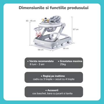 Resigilat - Premergator Copii 2 in 1 Mavio®, Resigilat - Model MyRide, Rotobil, Mod Antemergator, Varsta 3-36 Luni, Pliabil, Inaltime Ajustabila, Cos Baschet, Gri - Img 2
