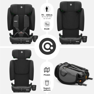 Resigilat - Scaun Auto Bebelusi Mavio®, Model Foldy, 76-150 cm, Unghi Reglabil, ISOFIX, Copii intre 18 luni - 12 ani, Pliabil, Omologat i-Size R129, Protectie Impact Lateral, Centura de Siguranta 5 Puncte, Tetiera Reglabila, Husa Detasabila, Negru - Img 2