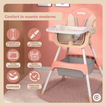 Resigilat - Scaun de Masa 3in1 pentru Bebelusi si Copii Mavio®, Model Petite, Varsta 6 - 36 luni, Inaltime Ajustabila, Centura de Siguranta in 5 Puncte, Tavita Reglabila si Detasabila, Loc pentru Depozitare, Roz - Img 2