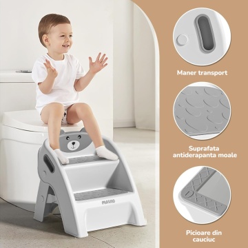 Resigilat - Scaunel Copii Mavio®, Model Little Bear, Scara cu Suprafata Antialunecare, Inaltator WC in Doua Trepte, Maner Transport, Taburet Pliabil pentru Baie, Toaleta, Chiuveta, Bucatarie, Greutate Suportata 68kg, Gri - Img 2
