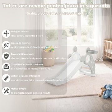 Resigilat - Tobogan Copii Mavio® cu Cos Baschet, 1–4 Ani, Panta Alunecare 115 cm, Structura HDPE Durabila, Pliabil, Stabil si Sigur, Design Ergonomic, Interior/Exterior, Dimensiuni 125x66x33 cm, Gri - Img 2