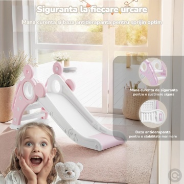 Resigilat - Tobogan Copii Mavio® cu Cos Baschet, 1–4 Ani, Panta Alunecare 115 cm, Structura HDPE Durabila, Pliabil, Stabil si Sigur, Design Ergonomic, Interior/Exterior, Dimensiuni 125x66x33 cm, Roz - Img 3