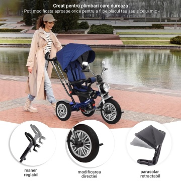 Resigilat - Tricicleta pentru Copii Mavio®, Pozitie de Somn, Centura de Siguranta, Far cu Lumina, Oglinzi, Cauciucuri Spuma EVA, Greutate Maxima Admisa 25kg, Albastru - Img 4