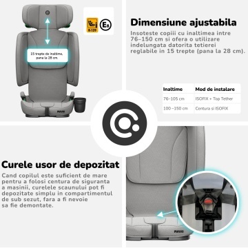 Scaun Auto Bebelusi Mavio®, Model Foldy, 76-150 cm, Unghi Reglabil, ISOFIX, Copii intre 18 luni - 12 ani, Pliabil, Spatar Rabatabil, Omologat i-Size R129, Protectie Impact Lateral, Centura de Siguranta 5 Puncte, Tetiera Reglabila, Husa Detasabila, Gri - Img 7