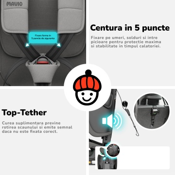 Scaun Auto Bebelusi Mavio®, Model Foldy, Unghi Reglabil, ISOFIX, Copii intre 18 luni - 12 ani, Pliabil, Spatar Rabatabil, Omologat i-Size R129, Protectie Impact Lateral, Centura de Siguranta 5 Puncte, Tetiera Reglabila, Husa Detasabila, Gri - Img 4