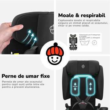 Scaun Auto Bebelusi Mavio®, Model Foldy, Unghi Reglabil, ISOFIX, Copii intre 18 luni - 12 ani, Pliabil, Spatar Rabatabil, Omologat i-Size R129, Protectie Impact Lateral, Centura de Siguranta 5 Puncte, Tetiera Reglabila, Husa Detasabila, Negru - Img 6
