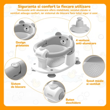 Scaun de Baie pentru Bebelusi Mavio®, Model Little Bear, Sistem Blocare, Varsta 6 luni+, Practic, Usor de Folosit, 4 Ventuze Fixare, Gauri Scurgere, Sezut si Spatar Confortabile, Materiale Sigure, Gri - Img 3