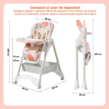 Scaun de Masa 3 in 1 pentru Bebelusi si Copii Mavio®, Model OMNY, Pliabil, 6-36 luni, Inaltime Reglabila, Centura de Siguranta in 5 Puncte, Tavita Reglabila si Detasabila, Roti Transport, Spatiu Depozitare, Usor de Curatat, Greutate Maxima 25kg, Roz - Img 4