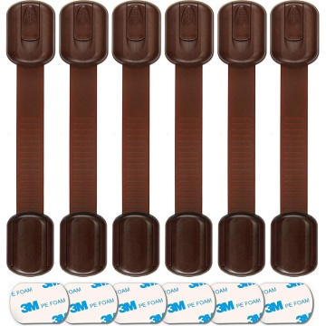 Set 6 Sigurante Usi Copii, Blocheaza Sertare, Frigider, Congelator, Ajustabile pe Lungime, Adeziv Puternic 3M, Fara Urme dupa Indepartare, Sistem de Inchidere Dublu, Maro - Img 1