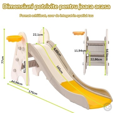 Tobogan Copii Mavio® cu Cos Baschet, 3–6 Ani, Panta Alunecare 165 cm, Structura HDPE Durabila, Pliabil, Stabil si Sigur, Design Ergonomic, Interior/Exterior, Dimensiuni 175x47x77 cm, Galben - Img 6