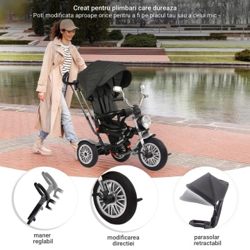 Tricicleta pentru Copii Mavio®, Pozitie de Somn, Centura de Siguranta, Far cu Lumina, Oglinzi, Cauciucuri Spuma EVA, Greutate Maxima Admisa 25kg, Negru - Img 5