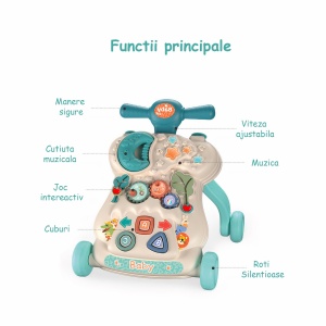 Antemergator Multifunctional Mavio®, pentru Bebelusi si Copii cu Varsta de pana la 36 de Luni, Interactiv si Educativ, Lumini si Sunete, Centru de Activitati, 4 Roti Ajustabile, Turcoaz - Img 4