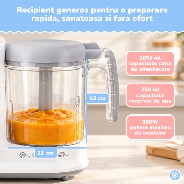 Aparat de Gatit cu Aburi Mavio® pentru Bebelusi, Gatire si Mixare Automata, Mixare Manuala, Functie One-Touch, Timer Automat, Cana 1050 ml, Capacitate Mixare 400 ml, Rezervor Apa 250 ml, Curatare Profunda, BPA Free, 300 W - Img 3