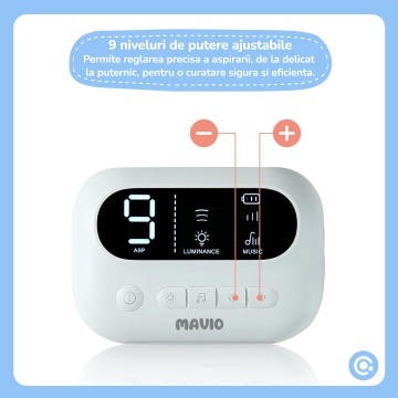 Aspirator Nazal Electric Mavio® pentru Bebelusi si Copii, 9 Trepte de Putere Ajustabile, Functie Muzicala si Lumina de Veghe, Reincarcabil, Varfuri din Silicon Moale, Portabil - Img 7