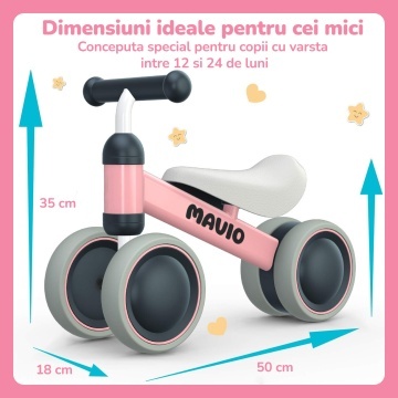 Bicicleta de Echilibru Mavio®, Pentru Copii 12-24 Luni, Greutate Maxima 15 kg, Cadru din Otel Carbon, Roti EVA + PP, Sa Confortabila, Ghidon Stabil, Design Usor si Compact, Ajuta la Dezvoltarea Echilibrului si Coordonarii, Culoare Roz - Img 6