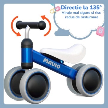 Bicicleta de Echilibru Mavio®, Pentru Copii 12-24 Luni, Greutate Maxima 15 kg, Cadru din Otel Carbon, Roti EVA + PP, Sa Confortabila, Ghidon Stabil, Design Usor si Compact, Ajuta la Dezvoltarea Echilibrului si Coordonarii, Culoare Albastru - Img 4