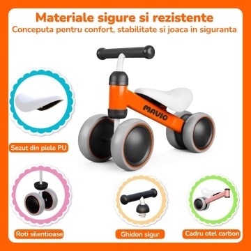 Bicicleta de Echilibru Mavio®, Pentru Copii 12-24 Luni, Greutate Maxima 15 kg, Cadru din Otel Carbon, Roti EVA + PP, Sa Confortabila, Ghidon Stabil, Design Usor si Compact, Ajuta la Dezvoltarea Echilibrului si Coordonarii, Culoare Portocaliu - Img 2