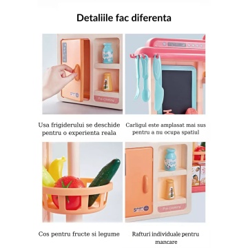 Bucatarie multifunctionala completa pentru copii, chiuveta cu circuit de apa, frigider, aragaz, tablita pentru notite, fructe, legume, multiple accesorii, 42 de piese in total, albastra - Img 3
