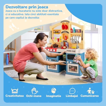 Bucatarie pentru Copii Mavio®, Simulare Gatit, Chiuveta cu Circuit Apa, Aragaz cu Aburi, Hota Interactiva, 77 piese, Inaltime 83, Lumini si Sunete Realiste, Ustensile Preparare Mancare, Albastru - Img 2