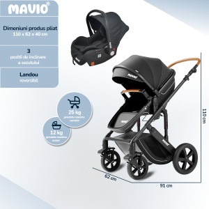 Carucior 3 in 1 pentru Bebelusi Mavio® Adventure, Landou Reversibil, Scoica Copii, Roti cu Suspensie, Greutate Maxima 25 kg, Pliabil, Tip Troller, Centura, 0 - 36 luni, Negru - Img 6