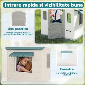 Casuta de Joaca pentru Copii Mavio®, Joaca 3 in 1 in Gradina, Baschet, Aruncarea Inelelor, Joc de Rol, Usa, Ferestre, Cadru Rezistent, Margini Fine, Interior si Exterior, Varsta Recomandata 2 ani+, Alb/Turcoaz - Img 4