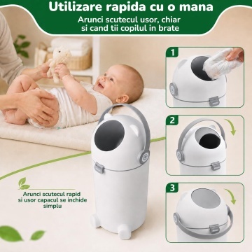 Cos pentru Scutece Mavio®, Capacitate 12 Litri, Inchidere Ermetica, Compatibil cu Saci Obisnuiti, Reduce Mirosurile Neplacute, Utilizare Rapida cu o Mana, Material PP + ABS Rezistent, Usor de Curatat, Design Compact, Pentru Camera Bebelusului, Alb/Gri - Img 5