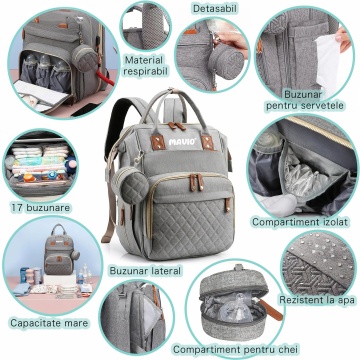 Geanta Mavio®, pentru Mamici si Copii, 17 Compartimente, Port Incarcare Telefon, Buzunar Termic, 56 L, Gri - Img 8
