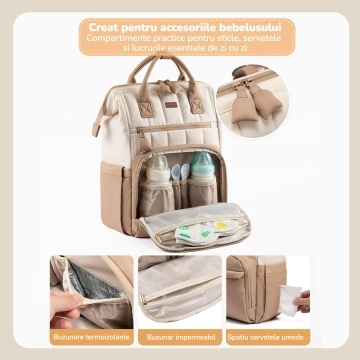 Geanta pentru Bebelusi Mavio®, 31 L, 17 Buzunare, Rucsac cu Buzunare Termoizolante, Buzunar Impermeabil, Buzunar Servetele Umede, Prindere Carucior, Buzunar Antifurt, Salteluta de Schimb, Bej - Img 4