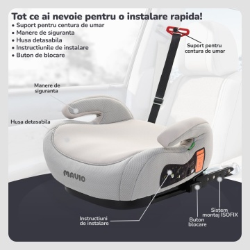 Inaltator Auto pentru Bebelusi si Copii Mavio®, Model RideUp Plus, ISOFIX, Certificat R129, i-Size, Cotiere, 125-150cm, Gri Deschis - Img 3