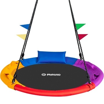 Leagan Circular pentru Copii si Adulti Mavio®, Diametru 100 cm, Interior si Exterior, Tip Cuib Barza, Capacitate 150 kg, Franghii Reglabile Anti Rasucire, Cadru din Otel Galvanizat, Material Oxford Rezistent, Perna Inclusa, Montaj Rapid, Multicolor