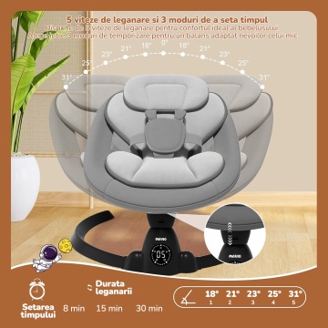 Leagan Electric Mavio®, Balansoar Bebelusi 0-9 luni, Copertina Detasabila, Plasa Tantari, Bara Jucarii, Functie Temporizator, 5 Trepte, Telecomanda, Bluetooth, Centura de Siguranta, Control Tactil, 10 Melodii, Greutate Suportata 9 kg, Gri - Img 4
