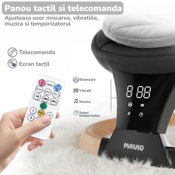 Leagan Electric pentru Bebelusi Mavio®, Pentru Bebelusi 0+ Luni, Greutate Maxima 9 kg, 5 Viteze de Leganare, Functie Muzica, Timer, Bluetooth, Telecomanda, Centura de Siguranta in 3 Puncte, Plasa Anti-Insecte, Cadru Rezistent, Pliabil - Img 4