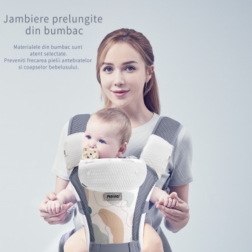 Marsupiu Bebe Mavio®, Ergonomic, Multifunctional cu 6 Pozitii de Purtare, Rucsac sau Frontal, intre 0 si 36 de luni, Reglabil, Greutate Maxima 14.9 kg, Extensie Sold, Protectie Cap, Bumbac si Poliester, Buzunar Depozitare, Gri - Img 3