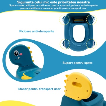 Olita pentru Copii Mavio®, Model Dinozaur, Colac Moale, Design Ergonomic, Non-Toxic, Varsta 1-6 Ani, Compartiment Detasabil, Maner Transport, Usor de Curatat, Picioare Anti-derapante, Albastru - Img 3