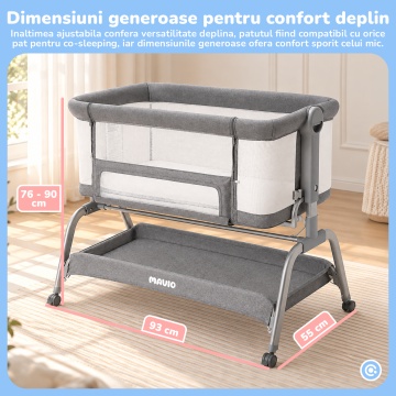 Patut Co-Sleeper Mavio®, pentru Bebelusi 0-6 Luni, Greutate Maxima 15 kg, 6 Trepte de Reglare a Inaltimii 43-57 cm, Laterale din Plasa 360°, Cadru Rezistent din Fier, Material din Tesatura de In, Gri - Img 6