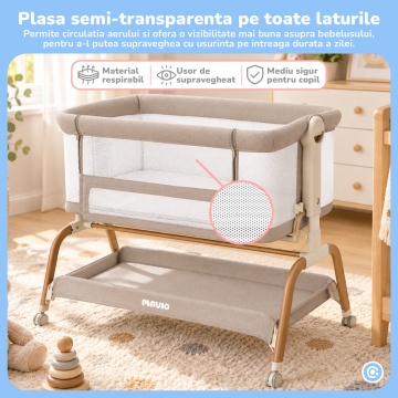 Patut Co-Sleeper Mavio®, pentru Bebelusi 0-6 Luni, Greutate Maxima 15 kg, 6 Trepte de Reglare a Inaltimii 43-57 cm, Laterale din Plasa 360°, Cadru Rezistent din Fier, Material din Tesatura de In, Bej - Img 2