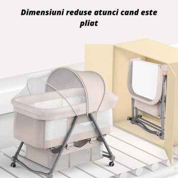 Patut Pliabil pentru Bebelusi, Usor de Transportat, Sistem de Blocare, Plasa Impotriva Insectelor, Cadru de Aluminiu, Cos Depozitare, Crem - Img 4