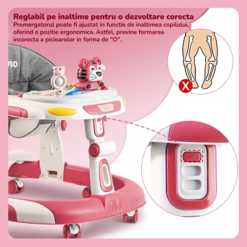 Premergator Copii 2 in 1 Mavio®, Model EasyRide, Rotobil pentru Bebelusi, Mod Antemergator, Varsta Recomandata 6-36 Luni, Maner, Pliabil, Inaltime Ajustabila, Jucarii Interactive, Anti Cadere, Roti 360 Grade, Masuta Mancare Bebe, Tavita cu Sunete, Roz - Img 4