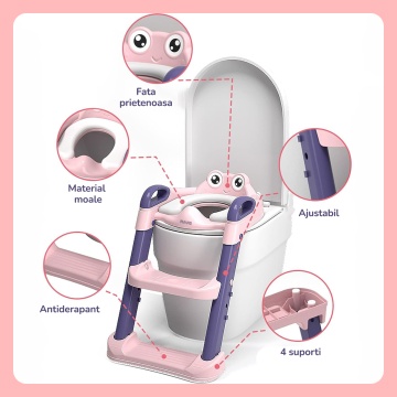 Reductor WC cu Scara Mavio® pentru Copii 1-7 Ani, Pliabil, 2 Trepte, Inaltime Reglabila 38-43 cm, Manere de Sustinere, Picioare si Zone Antiderapante, Design Anti-Stropire, Greutate Maxima 50 kg, Compatibil cu Majoritatea Toaletelor, Roz - Img 2