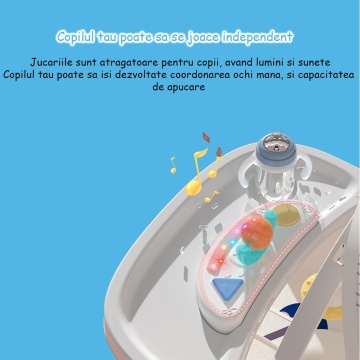 Resigilat - Balansoar Multifunctional 4 in 1, Ergonomic, Spatar Reglabil in Trei Trepte, Jucarii Detasabile, Centura de Siguranta, Masuta Retractabila, Husa Detasabila si Lavabila, Greutate Suportata 25 kg, Albastru - Img 8