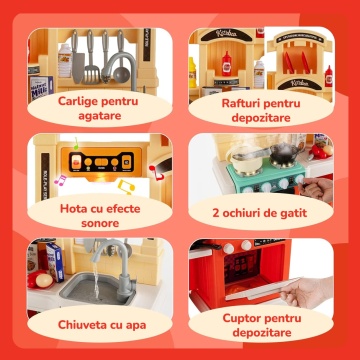 Resigilat - Bucatarie pentru Copii Mavio®, Simulare Gatit, Chiuveta cu Circuit Apa, Aragaz cu Aburi, Hota Interactiva, 77 piese, Inaltime 83, Lumini si Sunete Realiste, Ustensile Preparare Mancare, Portocaliu - Img 3