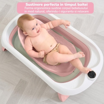 Resigilat - Cadita Pliabila pentru Bebelusi Mavio®, Model BabySpa, Reductor Ergonomic, Termometru Digital Incorporat, 0–36 Luni, 40L Capacitate, 83 cm, Dop Scurgere, Suport Dus, Picioare Antiderapante, Design Compact, Roz - Img 7