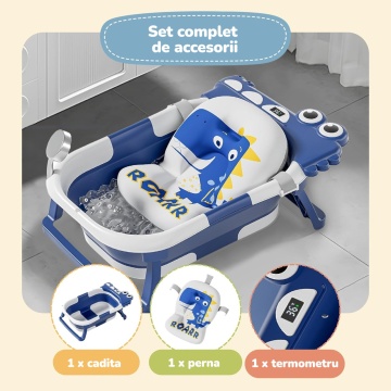 Resigilat - Cadita Pliabila pentru Bebelusi Mavio®, Model Little Dino, 0 - 36 Luni, 32 Litri, 63 cm, Perna de Baie Hipoalergenica, Termometru Incorporat, Suport Cap de Dus, Dop Scurgere, Picioare Antiderapante, Gaura Agatare, Albastru - Img 3