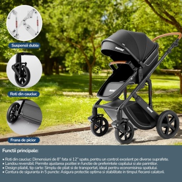 Resigilat - Carucior 3 in 1 pentru Bebelusi Mavio® Adventure, Landou Reversibil, Scoica Copii, Roti cu Suspensie, Greutate Maxima 25 kg, Pliabil, Tip Troller, Centura, 0 - 36 luni, Negru - Img 2