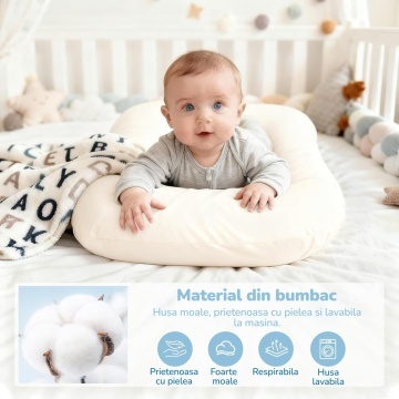 Resigilat - Cosulet Bebelus pentru Dormit Mavio®, Baby Lounger, Pentru Bebelusi 0-12 Luni, Material 100% Bumbac, Design Ergonomic, Spatiu Confortabil pentru Odihna si Relaxare, Usor de Folosit Acasa sau in Calatorii, Alb (Copy 1) - Img 2