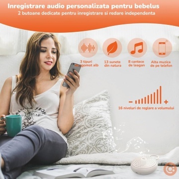 Resigilat - Dispozitiv Sunete Albe Portabil Mavio® pentru Bebelusi si Adulti, 24 Sunete Relaxante, 2 Functii Inregistrare, Bluetooth, 7 Culori Ambientale, Baterie Reincarcabila 2000 mAh, Difuzor 3W, Temporizator 30/60/90 min, Lumina de Noapte, Alb - Img 3
