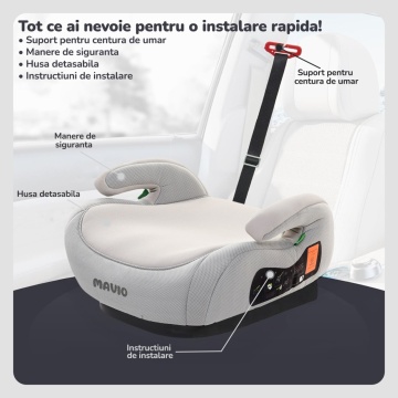 Resigilat - Inaltator Auto pentru Bebelusi si Copii Mavio®, Model RideUp, Fixare Centura Masina, Certificat R129, i-Size, 125-150cm, Gri Deschis - Img 2